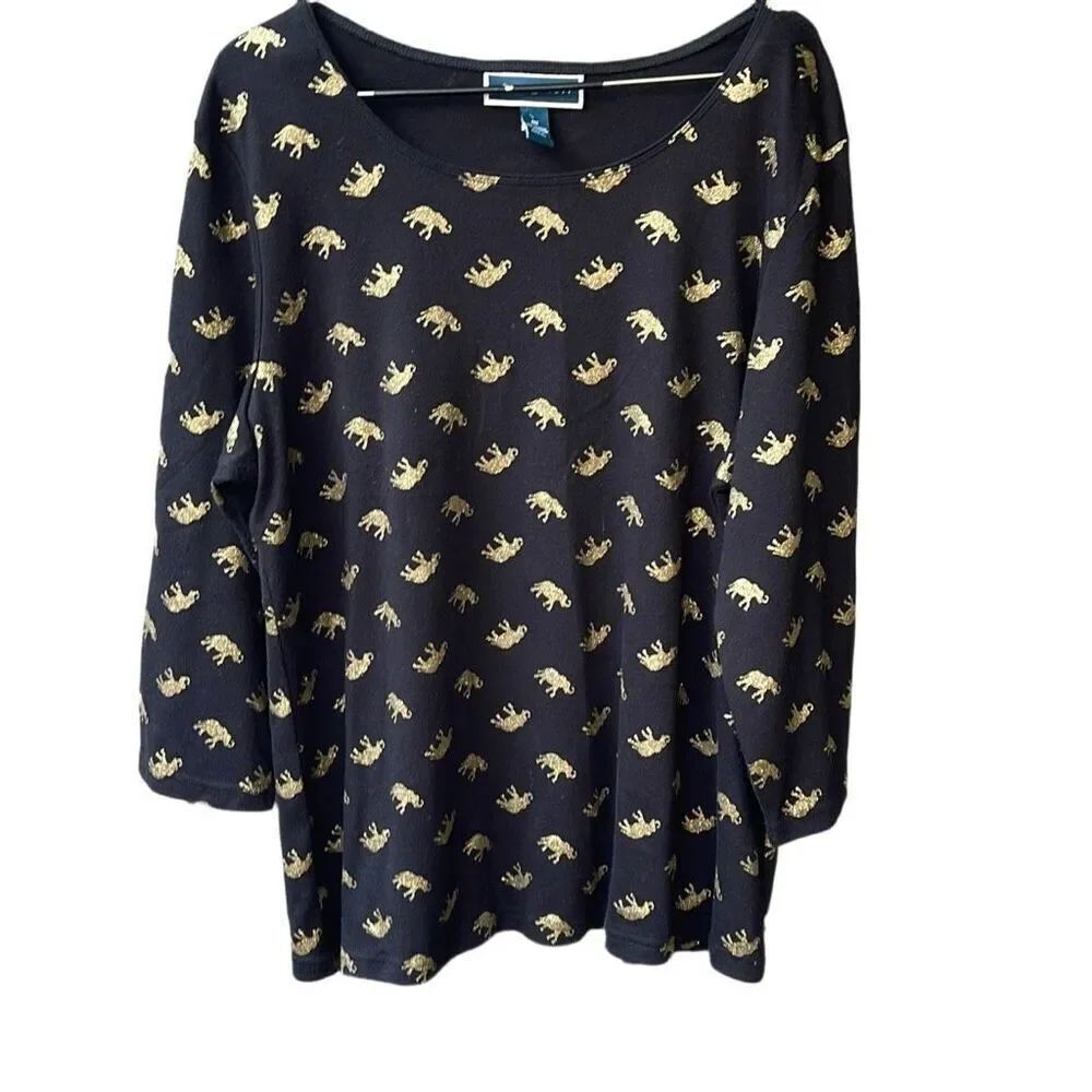 Karen Scott size 16 (0X) navy with gold elephants tee